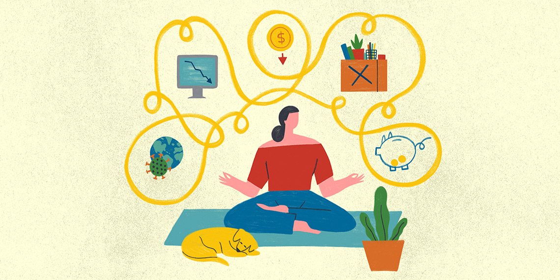 Alt text: Illustration of a woman meditating while different “stress points” float around her. Illustration by Josie Portillo